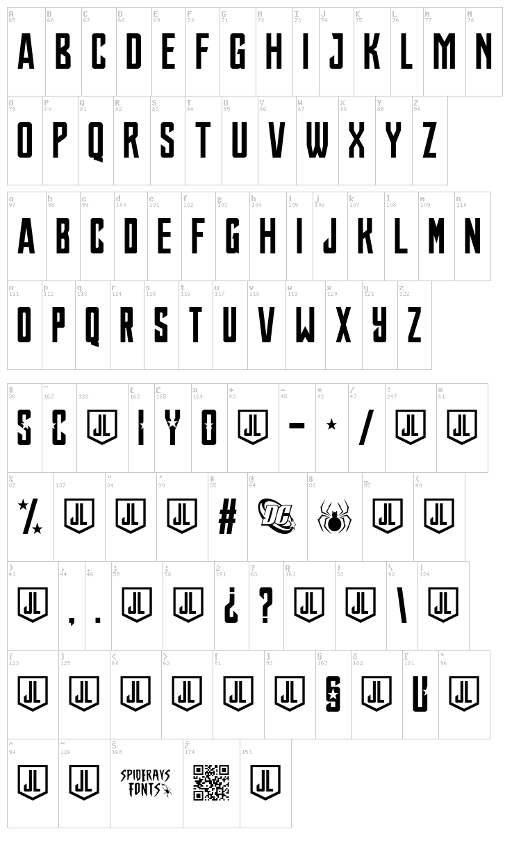 Justice League font map